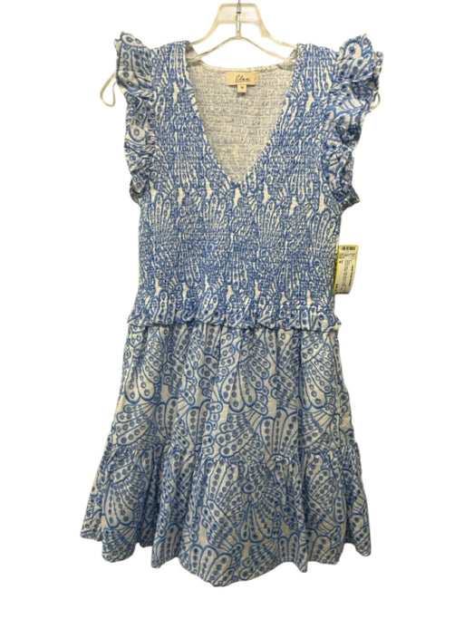 Elan Size M White & Blue Cotton Blend Eyelet Shirred Ruffle Cap Sleeve Dress White & Blue / M