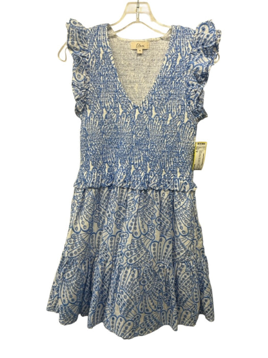 Elan Size M White & Blue Cotton Blend Eyelet Shirred Ruffle Cap Sleeve Dress White & Blue / M