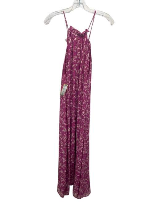 Natalie Martin Size XS Fuchsia Purple & Beige Silk Botanical Print V Neck Dress Fuchsia Purple & Beige / XS