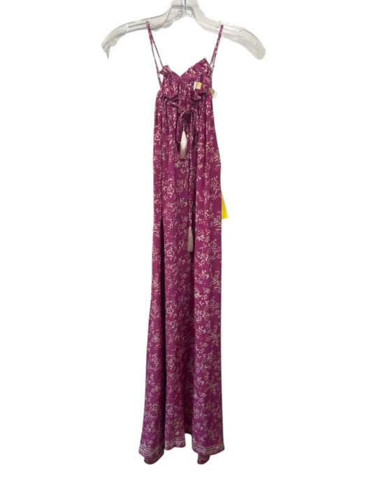 Natalie Martin Size XS Fuchsia Purple & Beige Silk Botanical Print V Neck Dress Fuchsia Purple & Beige / XS