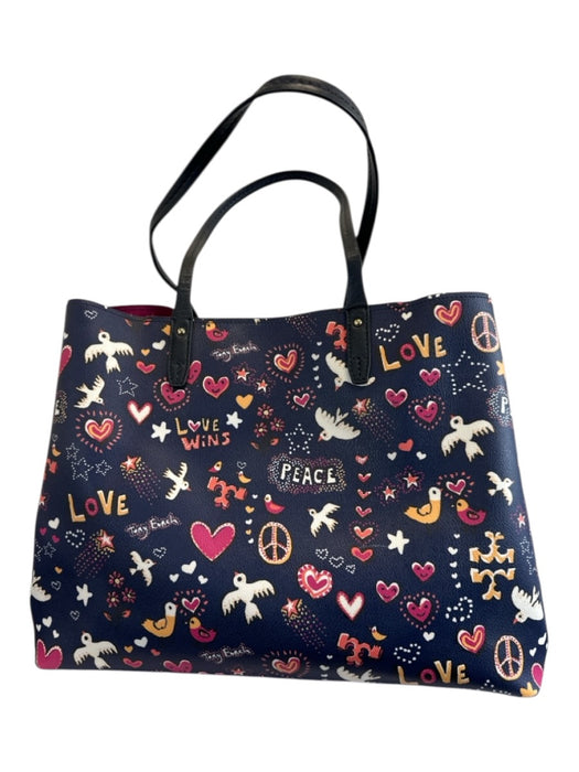 Tory Burch Navy Multi Leather Top Handle Magnetic Closure Printed Bag Navy Multi / L