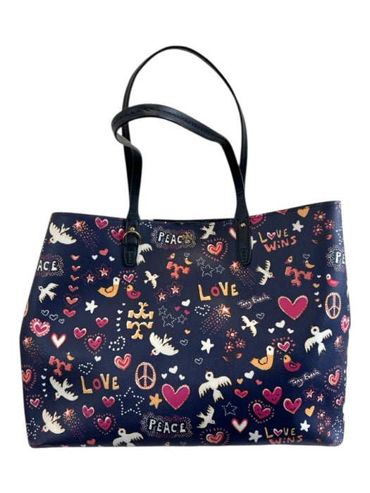 Tory Burch Navy Multi Leather Top Handle Magnetic Closure Printed Bag Navy Multi / L