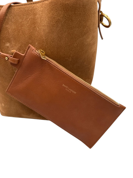 Yves Saint Laurent Chestnut Brown Suede Leather Logo Bucket Crossbody Strap Bag Chestnut Brown / Small