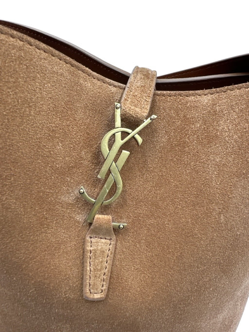 Yves Saint Laurent Chestnut Brown Suede Leather Logo Bucket Crossbody Strap Bag Chestnut Brown / Small
