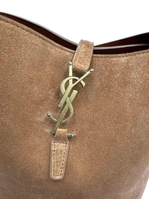 Yves Saint Laurent Chestnut Brown Suede Leather Logo Bucket Crossbody Strap Bag Chestnut Brown / Small