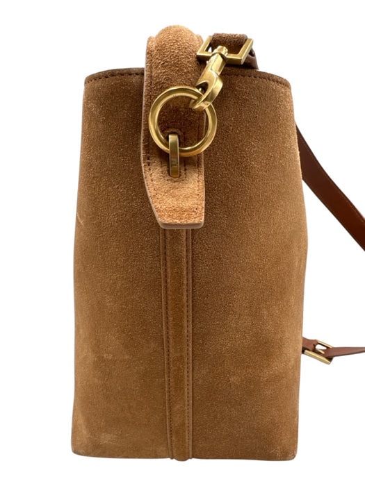 Yves Saint Laurent Chestnut Brown Suede Leather Logo Bucket Crossbody Strap Bag Chestnut Brown / Small