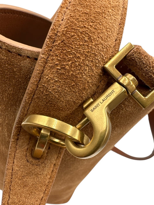 Yves Saint Laurent Chestnut Brown Suede Leather Logo Bucket Crossbody Strap Bag Chestnut Brown / Small