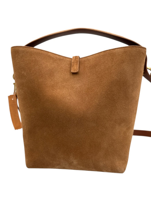 Yves Saint Laurent Chestnut Brown Suede Leather Logo Bucket Crossbody Strap Bag Chestnut Brown / Small