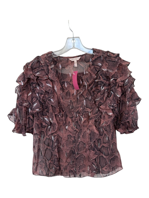 Rebecca Taylor Size 2 Maroon & Black Silk Short Sleeve Metallic Snake Print Top Maroon & Black / 2