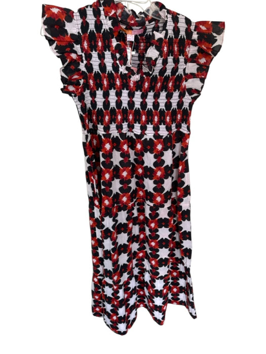 Briton Court Size XS Orange & Black Cotton Flutter Sleeves Flowers Smocked Dress Orange & Black / XS