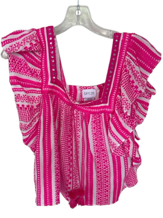Saylor Size XS Pink & White Rayon Blend Short Sleeve Mirrored Tassels Top Pink & White / XS