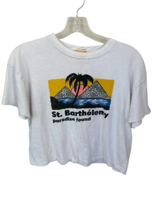 Mother Size S White & Blue Cotton Short Sleeve Beach Scene Cropped Top White & Blue / S