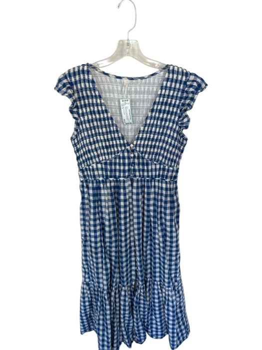 By Anthropologie Size S Blue & White Cotton Flutter Sleeves Gingham Maxi Dress Blue & White / S