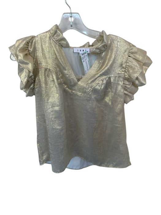 THML Size XS Gold Polyester Blend Short Sleeve Metallic Ruffle collar Top Gold / XS