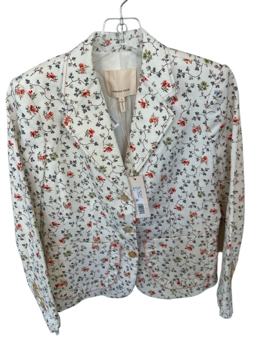 Rebecca Taylor Size 4 White & Orange Cotton 3 Button Botanical Ruffles Jacket White & Orange / 4