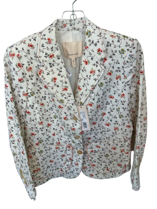 Rebecca Taylor Size 4 White & Orange Cotton 3 Button Botanical Ruffles Jacket White & Orange / 4