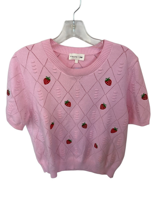 Entro Size L Pink & Red Cotton Blend Short Sleeve Strawberry Perforated Top Pink & Red / L