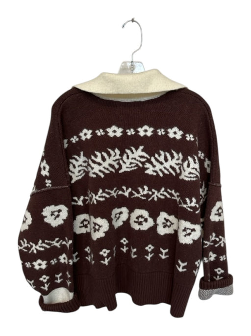 Free People Size S Cream & Brown Cotton & Wool Blend Long Sleeve Knit Sweater Cream & Brown / S