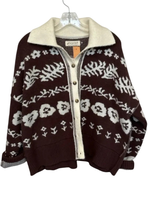Free People Size S Cream & Brown Cotton & Wool Blend Long Sleeve Knit Sweater Cream & Brown / S