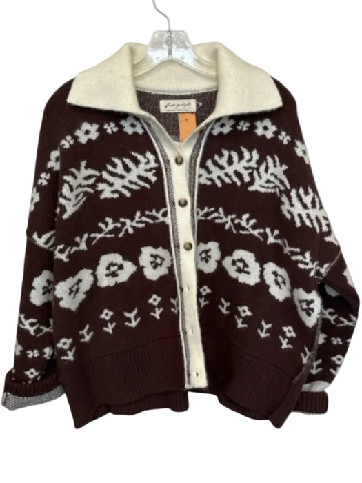Free People Size S Cream & Brown Cotton & Wool Blend Long Sleeve Knit Sweater Cream & Brown / S