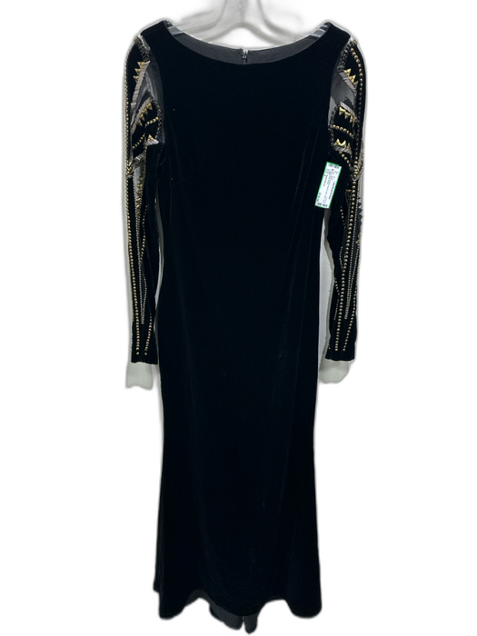 Badgley Mischka Size 4 Black & Brass Rayon & Silk Velvet Long Sheer Sleeve Gown Black & Brass / 4
