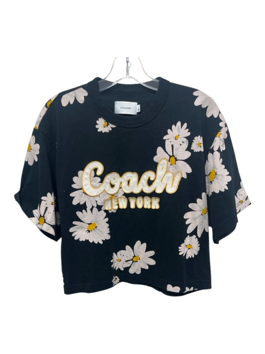 Coach Size M Black, White, Yellow Cotton Short Sleeve Floral Print Text Top Black, White, Yellow / M