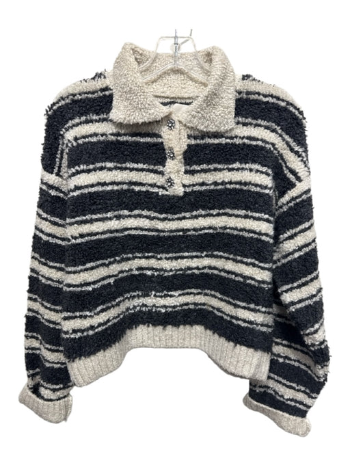 Maeve Size M Cream & Gray Acrylic Blend Striped Collared Quarter Button Sweater Cream & Gray / M