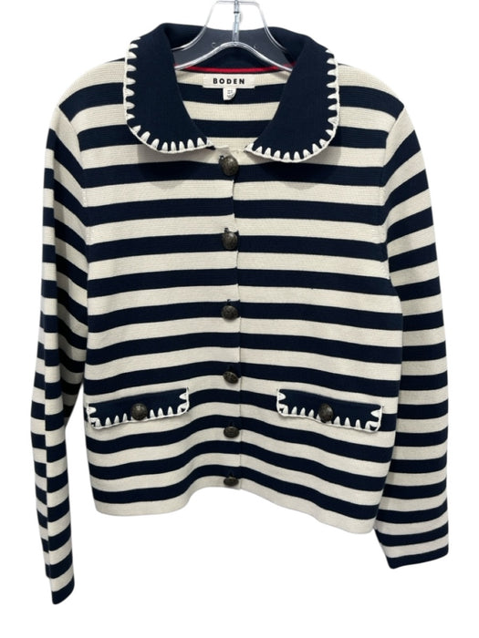 Boden Size L Navy blue & Cream Cotton Striped Round Collar Flap Pocket Jacket Navy blue & Cream / L