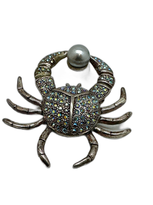 No Brand Silver & Gray Silver Tone Metal Rhinestone Crab Pearl Brooch Silver & Gray
