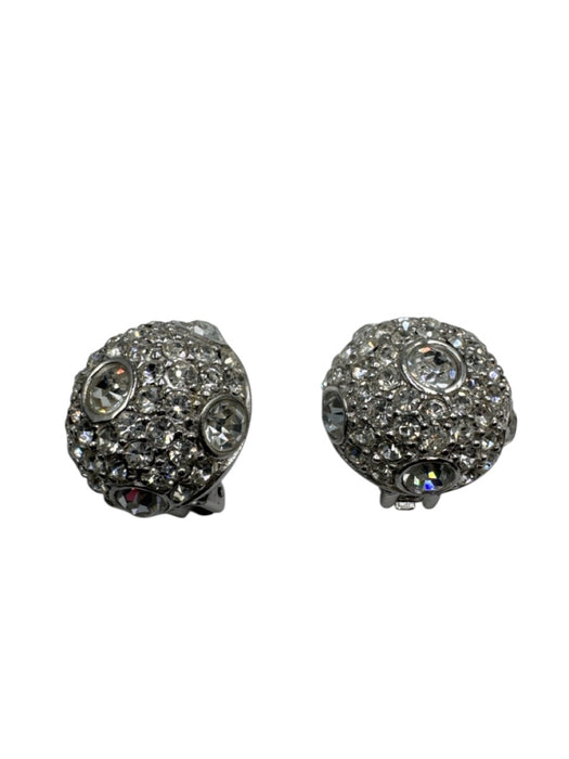 Christian Dior Silver Rhinestone Metal Circle Clip On Earrings Silver