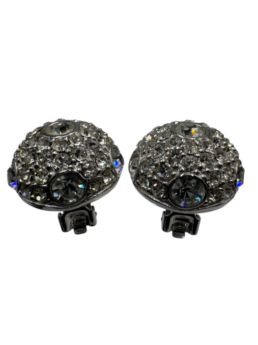 Christian Dior Silver Rhinestone Metal Circle Clip On Earrings Silver