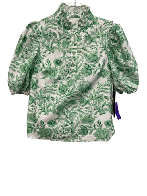 Hyacinth House Size XXS Green & White Cotton Short Puff Sleeve Floral Short Set Green & White / XXS