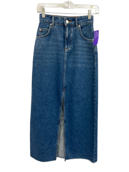 Pilcro Size 00 Med Dark Wash Cotton Front Zip Maxi Front Split Denim Skirt Med Dark Wash / 00