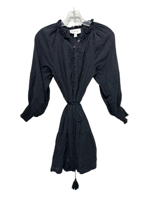 Cleobella Size XS Black Cotton Seersucker Tiered Half Button Above Knee Dress Black / XS