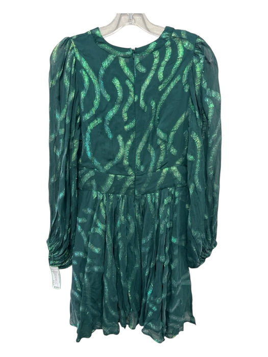 Oliphant Size S Teal Green Print Viscose Front Keyhole Wavy Lines Metallic Dress Teal Green Print / S