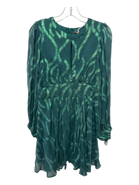 Oliphant Size S Teal Green Print Viscose Front Keyhole Wavy Lines Metallic Dress Teal Green Print / S