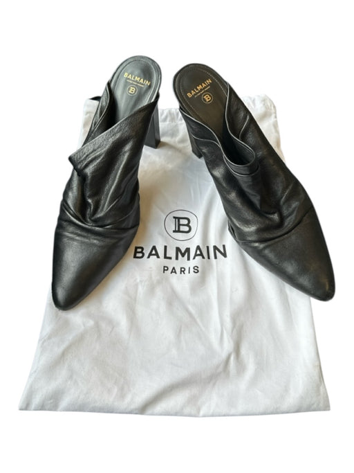 Balmain Shoe Size 41 Black Leather Pointed Toe Heeled Scrunch Detail Mules Black / 41