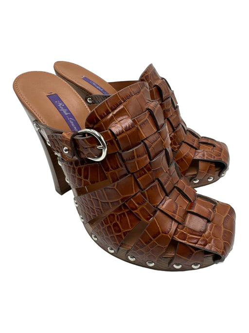 Ralph Lauren Shoe Size 40 Brown Croc embossed Open Heel Woven Block heel Pumps Brown / 40