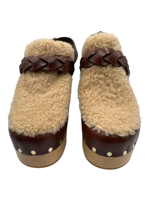Loeffler Randall Shoe Size 2 Beige & Brown Wood & Leather Fleece Slingback Clogs Beige & Brown / 2