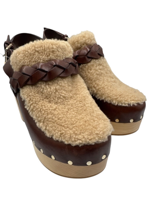 Loeffler Randall Shoe Size 2 Beige & Brown Wood & Leather Fleece Slingback Clogs Beige & Brown / 2