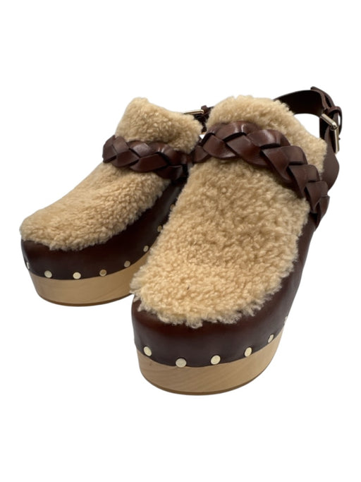 Loeffler Randall Shoe Size 2 Beige & Brown Wood & Leather Fleece Slingback Clogs Beige & Brown / 2