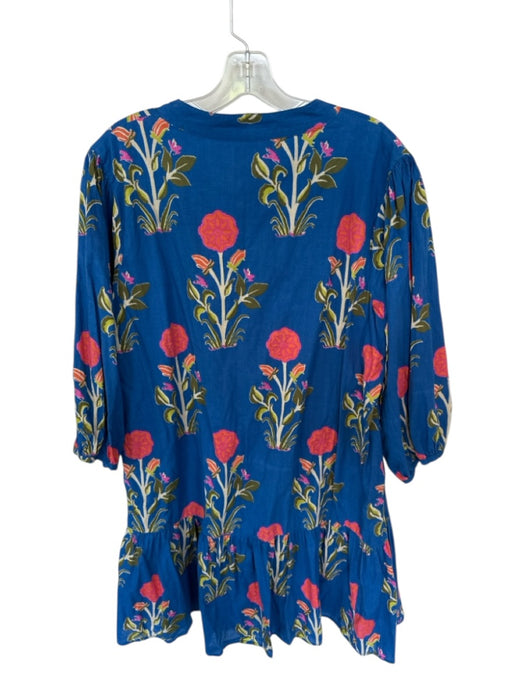 THML Size XL Blue Cotton Floral 3/4 Sleeve Button Down Above Knee Dress Blue / XL