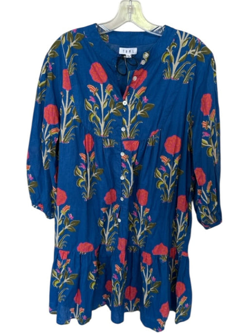 THML Size XL Blue Cotton Floral 3/4 Sleeve Button Down Above Knee Dress Blue / XL