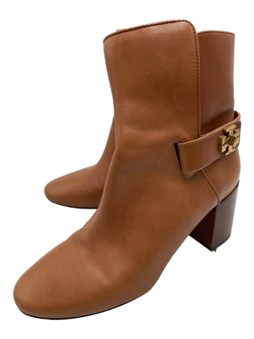 Tory Burch Shoe Size 7.5 Tan Brown Leather Gold hardware Logo Ankle Boot Booties Tan Brown / 7.5