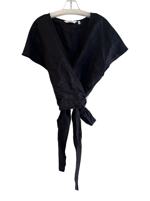 & Other Stories Size 10 Black Linen & Viscose V Neck Short Sleeve Wrap Top Black / 10