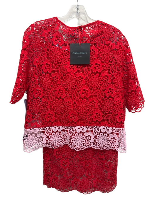 Cynthia Rowley Size M/4 Red & Pink Polyester Open Lace Floral Midi Skirt Set Red & Pink / M/4