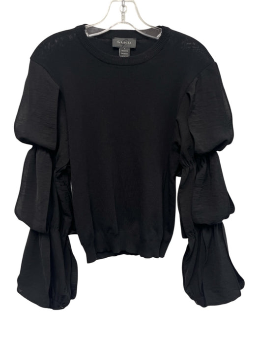 Gracia Size S Black Rayon & Nylon Long puff sleeve Rib Knit Top Black / S