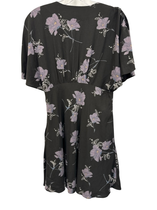 Free People Size 4 Black & Purple Rayon Short Sleeve Floral Print V Neck Dress Black & Purple / 4