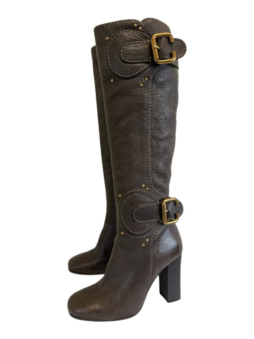 Chloe Shoe Size 36 Brown Pebble Leather Midi Block Heel Knee High Boots Brown / 36