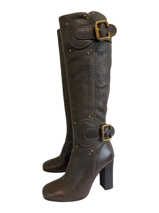Chloe Shoe Size 36 Brown Pebble Leather Midi Block Heel Knee High Boots Brown / 36